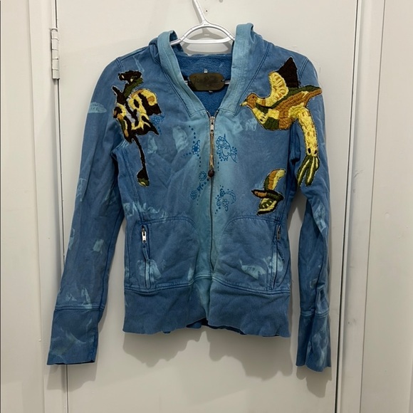 Rare Free People Blue Hoodie with Bird Embroidery